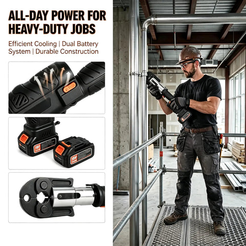 Heavy Duty 18V Electric Pipe Crimper With 60KN Force High Carbon Steel Hydraulic Press Tool being used on-site for plumbing work.