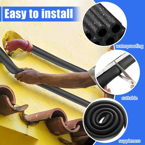 Installation of 8 Pack Three Quarter Inch Foam Pipe Insulation Tubes With Self Adhesive Pre Slit Covers Polyethylene on outdoor pipe