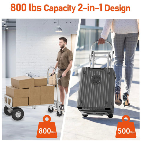 Dolly cart with wheels; 800 lb capacity; 2-in-1 folding hand truck; stainless steel heavy-duty.