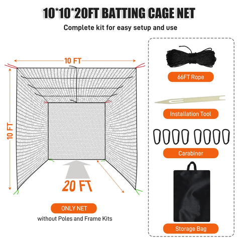 Diagram of 20 Foot Baseball And Softball Batting Cage Net For Backyard Practice Portable Hitting Net With Carabiners And Carry Bag
