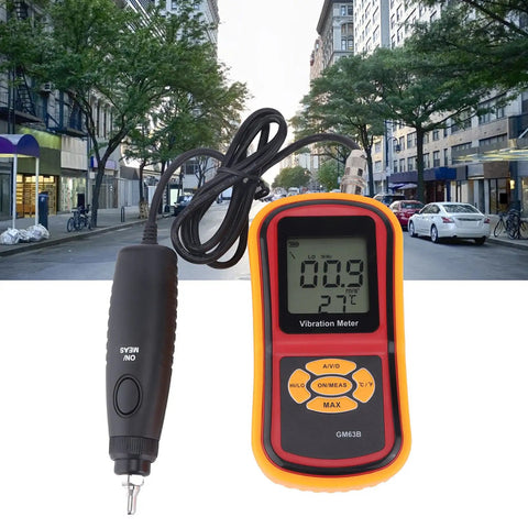 Real Deal Digital Vibration Meter With Dead Accurate Piezoelectric Sensor Handheld Portable Industrial Vibrometer Analyzer And Data Logger Featuring Crisp LCD Panel showing measurement values.