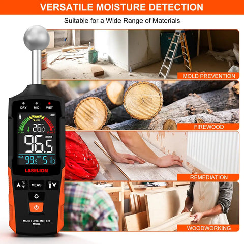 Pinless Moisture Meter With Ball Probe For Non Destructive Area Scans On Wood Walls And Construction Materials displayed with uses.