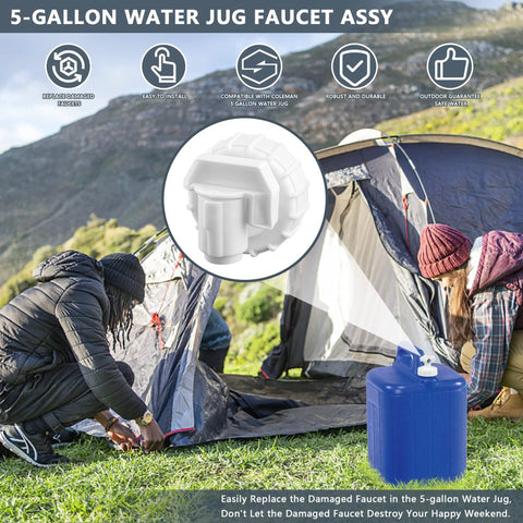 5 Gallon Water Jug Spigot Replacement Faucet Assembly For Water Carriers Sealed Durable Spout Fits Coleman And Other 5 Gallon Jugs No Tools Needed Easy Install, white plastic faucet on blue 5-gallon jug at campsite