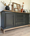 Black cabinet with wood top featuring Black Zinc Alloy Cabinet Handles Set of 6, 12.6 Inch Center To Center Pulls