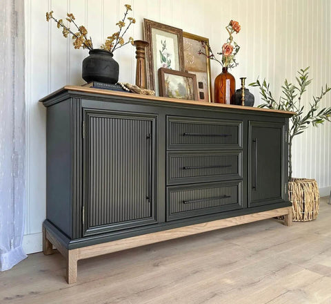 Black cabinet with wood top featuring Black Zinc Alloy Cabinet Handles Set of 6, 12.6 Inch Center To Center Pulls