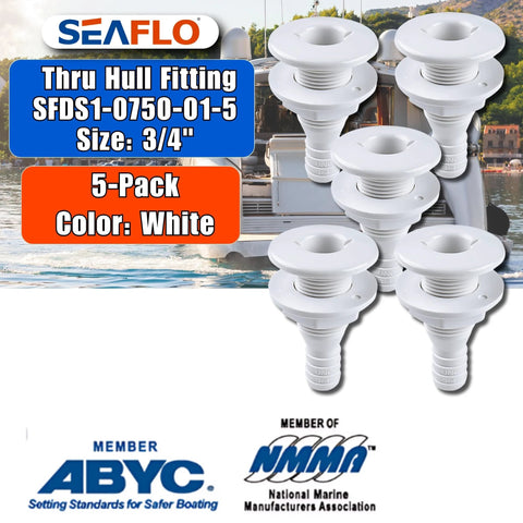 SEAFLO 3/4 in white polypropylene thru-hull fittings, 5-pack for marine boats