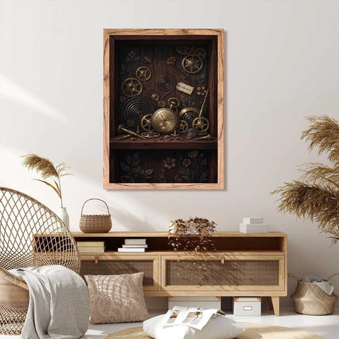 Stunning Vintage Clockwork Pocket Watch Wall Art Natural Framed Print With Brass Gears And Floral Details For Moody Dark Wood Interior Decor