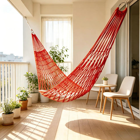 Thickened Nylon Hammock With Breathable Mesh in red, hanging on a balcony, perfect for garden or camping and backyard chill sessions.