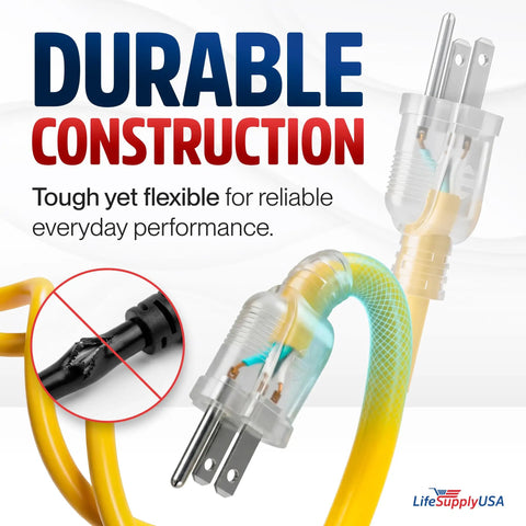 Yard Ready 100 Feet Outdoor Indoor Extension Cord With 16/3 Gauge Heavy Duty 3 Prong SJTW Waterproof Flexible Cold Resistant