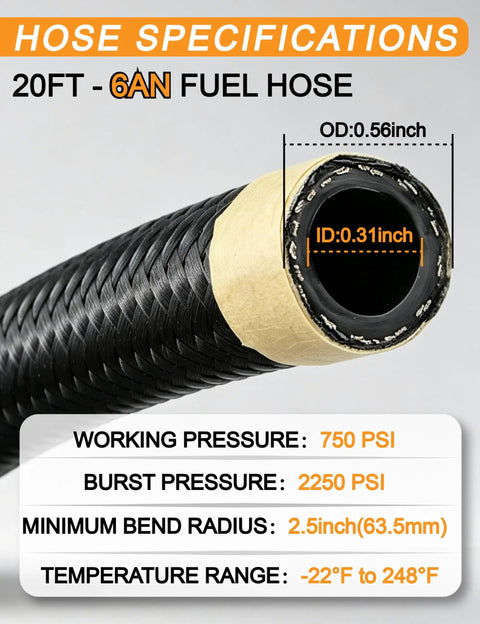 Premium 20FT Fuel Line Kit With Braided Nylon Hose And Fittings For Transmission Coolant System Perfect For Hot Rods And Rides Under The Hood Ready To Rock, 20ft 6AN hose specs