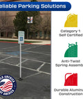 Flexible Handicap Parking Sign Post With Quick Bounce Back Spring System For Reserved Accessible Spots Super Slick Aluminum Build in parking lot.