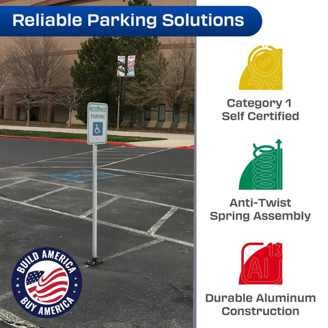 Flexible Handicap Parking Sign Post With Quick Bounce Back Spring System For Reserved Accessible Spots Super Slick Aluminum Build in parking lot.