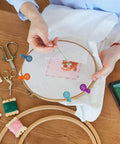 Embroidery setup with colorful floss and tools, featuring Magnetic Cable Clips Set Of 12 for Cable Management and Organization