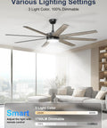 Big 72 Inch Ceiling Fan With Lights Remote Or App Control Dimmable LED Lighting Quiet DC Motor in living room