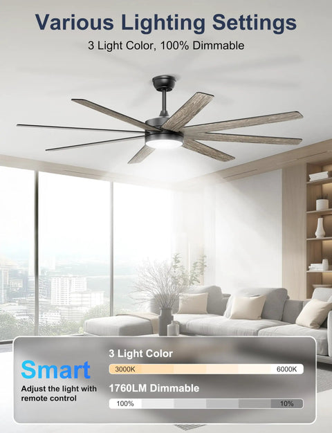 Big 72 Inch Ceiling Fan With Lights Remote Or App Control Dimmable LED Lighting Quiet DC Motor in living room