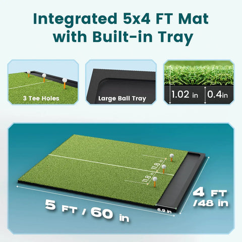 Indoor Outdoor Golf Practice Mat With Built In Ball Tray And Alignment Line, 5 By 4 Ft, 26mm Thick Turf, EVA Foam Base, Detail Diagram