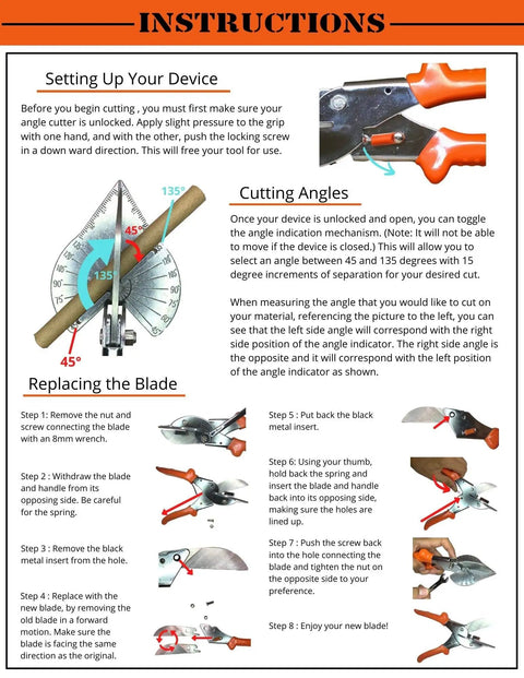 Instructions for using Multi Angle Miter Cutter With Spare Blade Handy Scissors Multipurpose Tool For 45 To 135 Degree Cutting