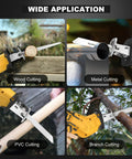 Cordless reciprocating saw with yellow housing and metal blade for wood, metal, PVC and branches; includes 4 blades, battery not included.