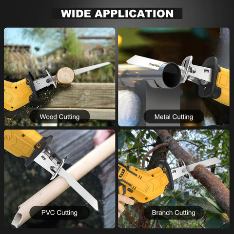 Cordless reciprocating saw with yellow housing and metal blade for wood, metal, PVC and branches; includes 4 blades, battery not included.