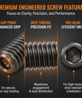 Close-up of screw features from the 360 Piece Screws Set With 32 Sizes Metric And SAE 12.9 Alloy Steel Hex Socket Grub Screws