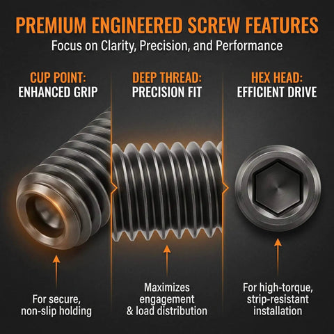 Close-up of screw features from the 360 Piece Screws Set With 32 Sizes Metric And SAE 12.9 Alloy Steel Hex Socket Grub Screws