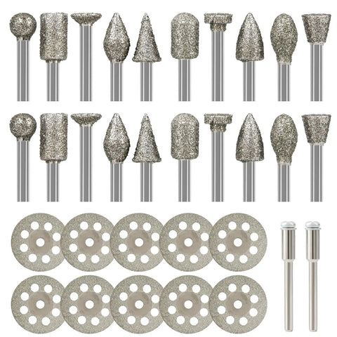 Diamond Burr Set For Rotary Tools 32Pc Kit With Diamond Grinding Bits For Dremel Carving Engraving Masonry Stone Glass Tile