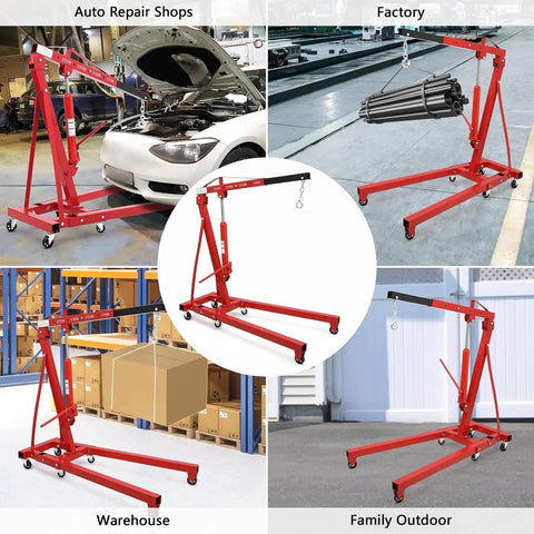 Heavy Duty Engine Hoist Leveler And Foldable Hydraulic Cherry Picker Crane built tough for serious garage jobs in various settings.