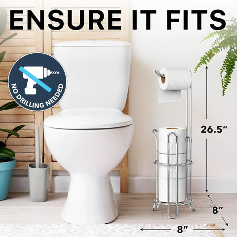 Freestanding Chrome Toilet Paper Roll Holder Stand That Fits All Roll Sizes Up To 5.5 Inches And Stores Up To Four Rolls At Once