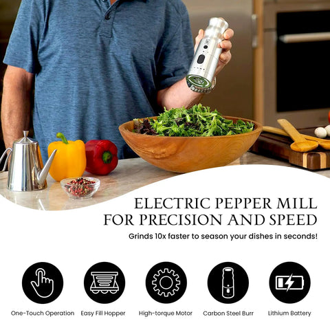 Person using an Electric Pepper Grinder with LED Light, Rechargeable and Up to 10X Faster One Touch Operation near salad bowl.