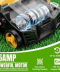 Close-up of Electric Dethatcher and Scarifier 2 in 1 with 15A copper motor, innovative cooling system, features highlighted on green background.