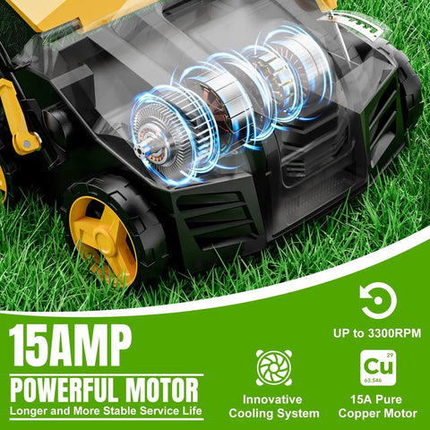 Close-up of Electric Dethatcher and Scarifier 2 in 1 with 15A copper motor, innovative cooling system, features highlighted on green background.