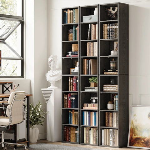 Tall Narrow Bookshelf With Eight Tier Open Cubes Space Saving Corner Bookcase Floor Standing Storage Shelves For Living Room Office Bedroom Super Slim Profile That Crushes Clutter And Keeps Your Setup Lookin Fresh Daily with books and decorative items in a modern office setting.