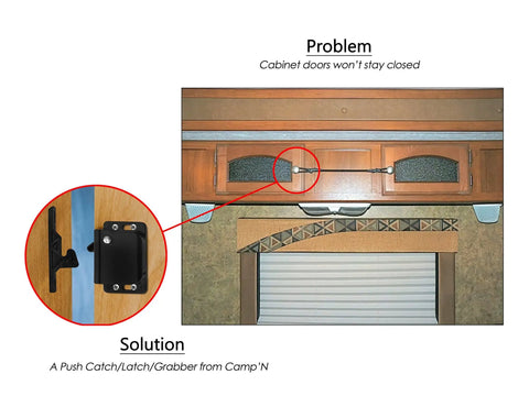 4 Pack RV Cabinet Door Latches And Catches Easy Install Push Latch for cabinets in trailers and motorhomes shown in use.