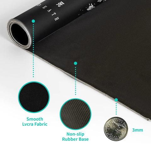 Close-up of Extended Black And White Sakura Cherry Blossom Desk Pad with non-slip rubber base, stitched edges, and smooth surface.