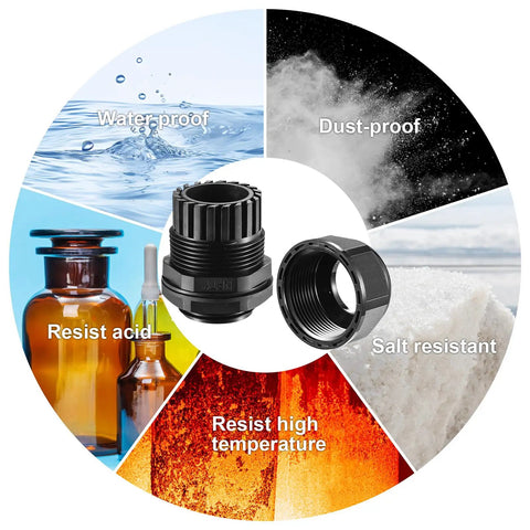 25 Pack Nylon Cable Gland Joints One Half Inch NPT Waterproof IP68 With Gaskets Adjustable Lock Nut Strain Relief, features diagram