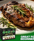 Cooked steak garnished with fresh rosemary on a plate next to Five Herb Indoor Starter Kit For Kitchen Garden Complete Planting Set With Planter Bags, Markers, Soil Disks, Mini Shears, And Quick Guide For Easy Beginner Growers To Start A Fresh Indoor Herb Garden package.