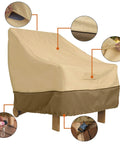 Veranda Water-Resistant 31.5 Inch Adirondack Chair Cover with padded handles, interior bound seams, and matching webbing, installed.