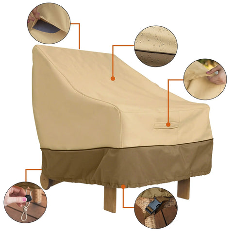 Veranda Water-Resistant 31.5 Inch Adirondack Chair Cover with padded handles, interior bound seams, and matching webbing, installed.