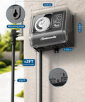 Straight Shooting 1HP Heavy Duty Outdoor Timer With 2 Outlets Mechanical Dial mounted on wall, showing measurements and weatherproof design.