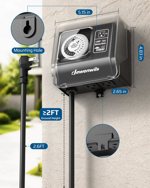 Straight Shooting 1HP Heavy Duty Outdoor Timer With 2 Outlets Mechanical Dial mounted on wall, showing measurements and weatherproof design.