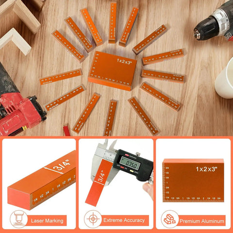 Setup Blocks 15 Pcs Aluminum Precision Height Gauge Set For Router And Table Saw Woodworking Setup Accessories Fast Accurate Blade Height Dado Depths Pro Grade Durable Anodized Aluminum Bars Orange arranged on table