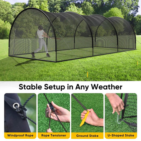 Backyard Ready Baseball And Softball Batting Cage With Enclosed Net And 12 By 12 Pitching Hole, Fiberglass Pole System in use.