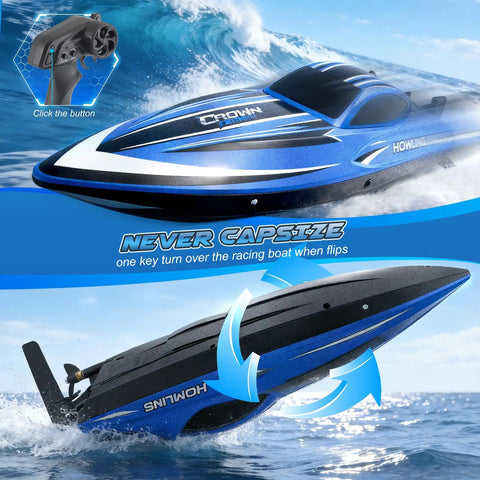 Beast Speed 35KMH RC Boat With LED Lights, 2.4GHz Remote, Self Righting Hull, 30+ Minutes Run Time, Blue 16 Inch Watercraft