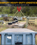 Grade 80 reinforced chain sling with gold-tone chains and red hooks, hung above a blue industrial container in an outdoor yard.