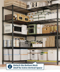 Legit Heavy Duty Five Tier Metal Storage Shelves Adjustable Industrial Steel Rack With Matte Black Rust Resistant Finish displaying food and kitchen items.