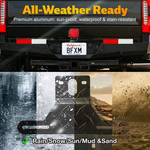 Heavy Duty Aluminum Trailer License Plate Bracket Frame With Universal Mounting Kit Rustproof Hardware For Trucks Trailers RVs And Boats Hella Durable Build, displaying all-weather use.
