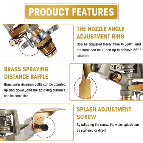 Heavy Duty Brass Impact Sprinkler Heads With Adjustable 360 Degree Coverage For Lawns And Gardens 9 Pack features adjustable nozzle and splash control.