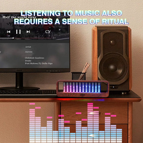 Music Sync LED Light With Spectrum Modes For Desk Use, Rhythm Pulse Ambient Lamp In Walnut Wood Finish on desk with PC and speaker