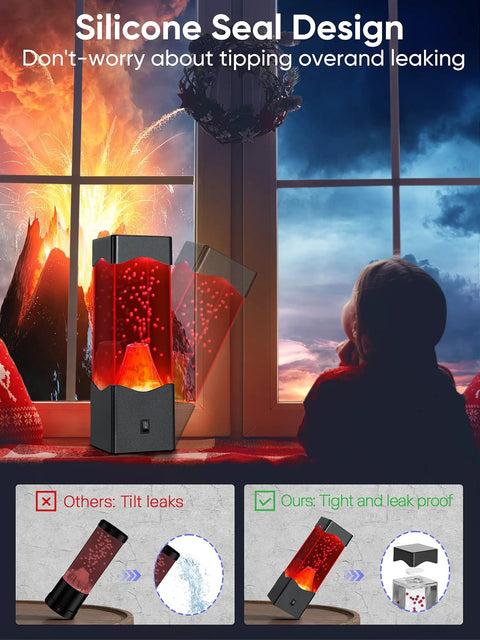 USB Powered Volcano Night Light For Kids And Adults with silicone seal, showing leak-proof and tilt-proof design.
