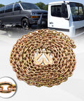 Heavy Duty G80 Transport Binder Chain One Quarter Inch By Sixteen Feet With G70 Clevis Grab Hooks, Three Thousand Three Hundred Pound Safe Working Load, shown coiled with towing vehicle in background